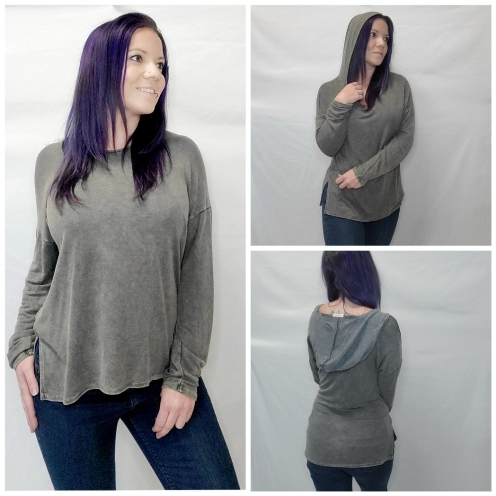 Promesa Grey Wash Casual Loose Fit Hooded Pullover Long Sleeve Top